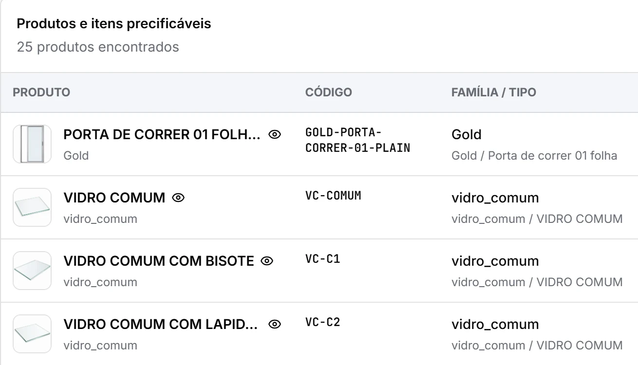 Catálogo operacional da Vetra: porta de correr Gold, vidro comum, vidro comum com bisote e com lapidação, cada produto com código e família cadastrados.