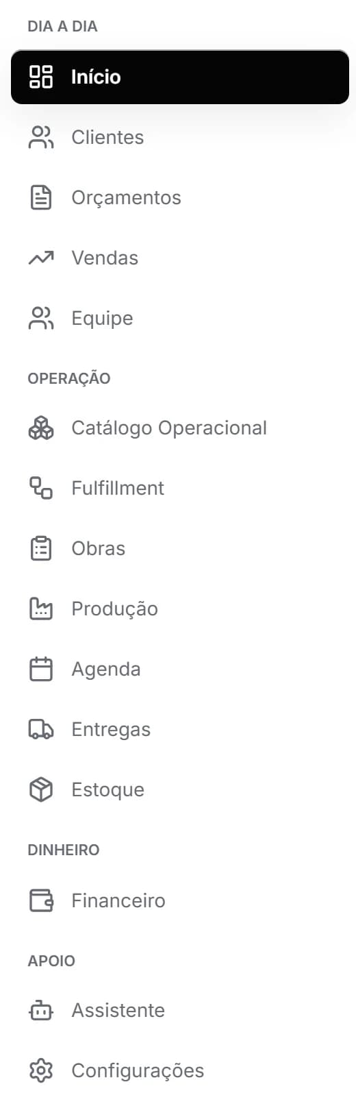 Trilho de navegação da Vetra com os módulos da operação: clientes, orçamentos, vendas, equipe, catálogo, fulfillment, obras, produção, agenda, entregas, estoque e financeiro.