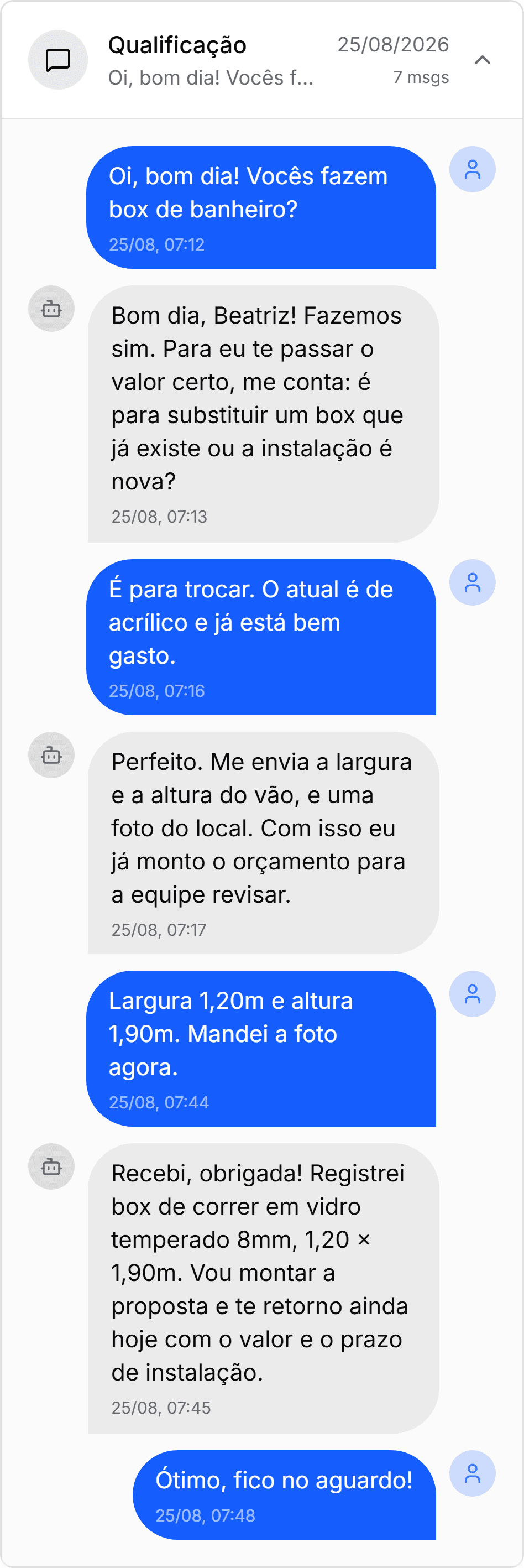Conversa no WhatsApp: a cliente pede a troca do box, a Bia pergunta as medidas e registra o pedido com o vidro e as dimensões informadas.