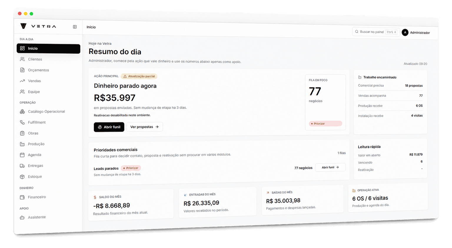 Dashboard da Vetra com resumo comercial, financeiro e operacional da vidraçaria.