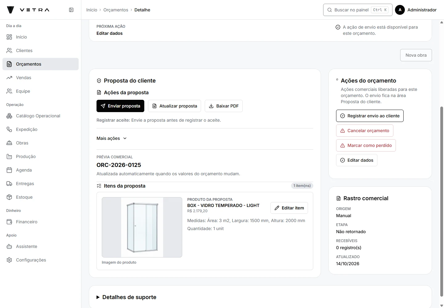Proposta do orçamento ORC-2026-0125 com imagem do Box Light e total de R$ 2.179,20.