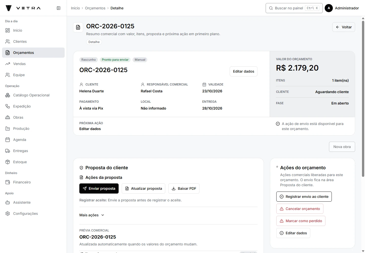 Registro do orçamento ORC-2026-0125 com cliente, responsável e condições comerciais.