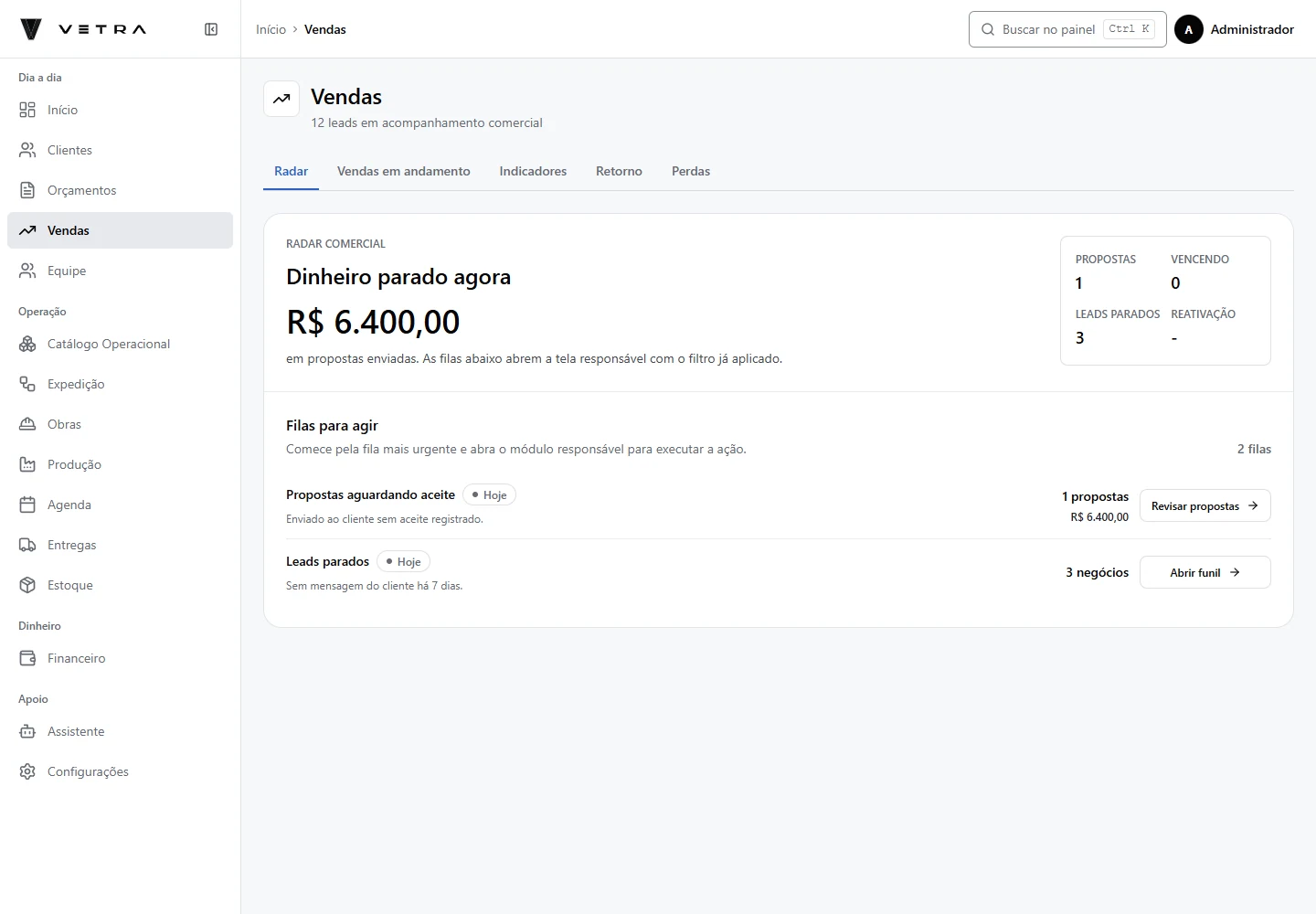 Radar comercial do Vetra com resumos e filas para acompanhamento da carteira.